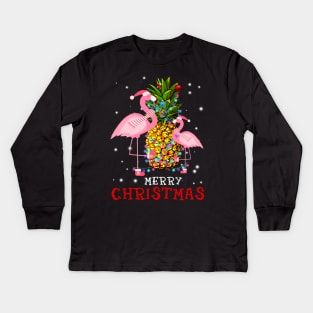 Flamingo Christmas Tree Pineapple Xmas Light Merry Christmas Kids Long Sleeve T-Shirt